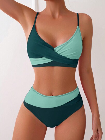 SHEIN Swim Women's Summer Beach Colorblock Sexy Cross Front Bikini Set