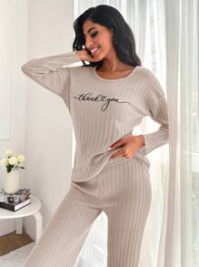 EURMUSE Frauen Buchstaben Muster Homewear Set - Khaki - Übersicht 5