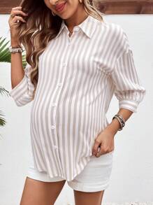 SHEIN 孕妇户外轻质纽扣式哺乳衬衫 - 卡其色 - 查看 3