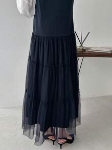 FRIFUL Women's Summer Casual Solid Color Mesh Contrast Sleeveless Dress,Ruffle Maxi Dress - Navy Blue - View 6