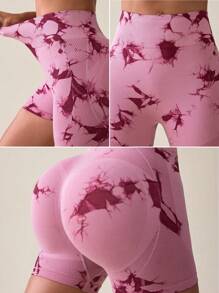 SHEIN Core Rhythm Tie-Dye Printed High Waist Compression Leggings, Sports Shorts For Chinese New YearWomen Sweat Short, Gym Short, Biker Short - Red - View 6