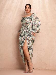 SHEIN BAE Vestido suelto de satén con escote cuadrado, mangas abullonadas, manga larga y abertura lateral en la pierna con patrón floral, talla grande