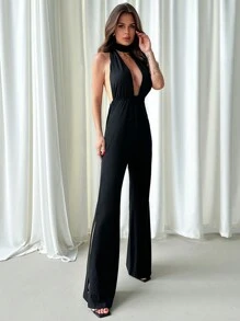 Aloruh Pure Temptation Wind Jumpsuit With Sexy Deep V-Neck And Open Back, Bodycon Fit With Tassel Halter Neck For Spring And Summer - Black - View 5