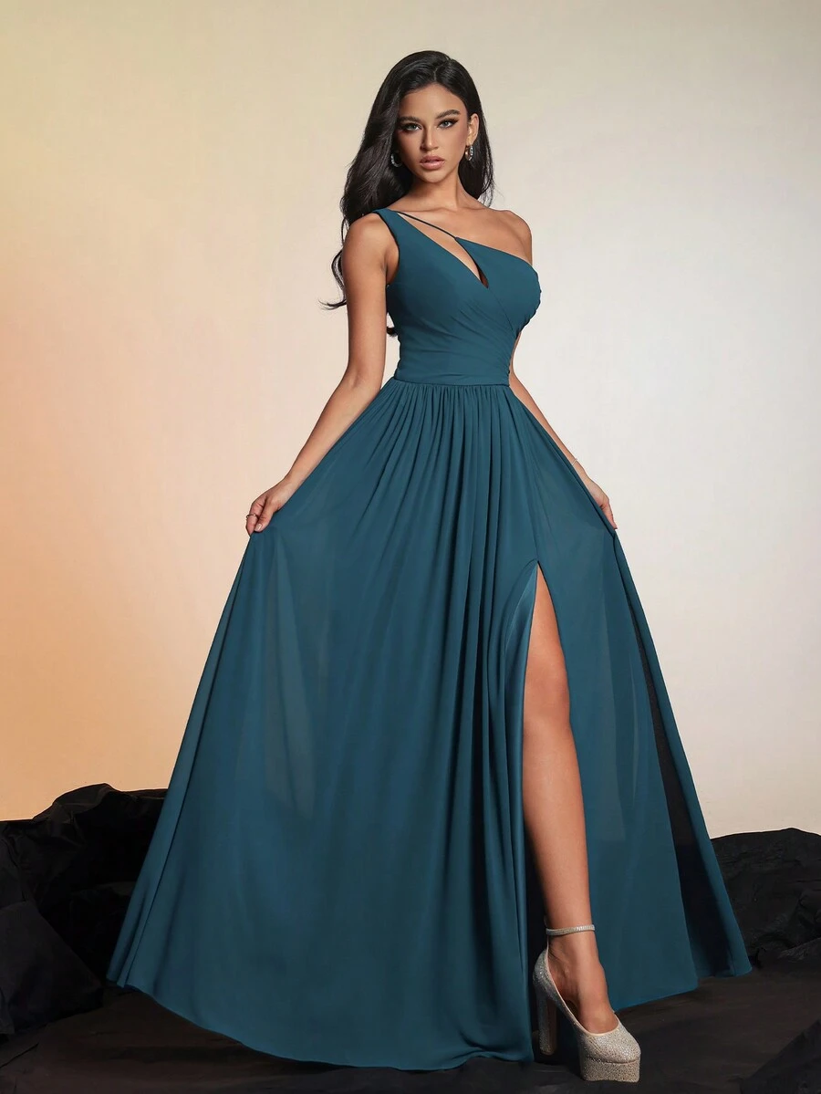 Smilprince 纯色不对称领口开叉大腿无袖 A 字腰部迷人别致法式雪纺晚礼服优雅伴娘礼服 - 藏蓝色 - 查看 1