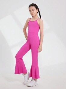 SHEIN Tween Girls' Quick-Dry Tight Jumpsuit, Breathable Casual Sports Leggings & High-Waisted Flared Pants For Fitness, Dance - Hot Pink - View 5