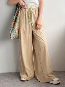FRIFUL Women Casual Color Blocking Drawstring Waist Wide Leg Pants With Multiple Pockets