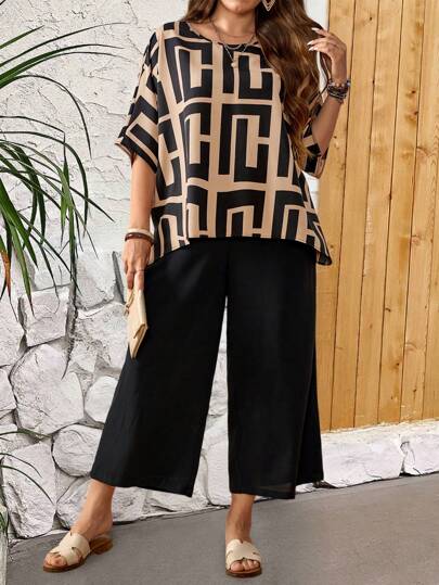 EMERY ROSE Plus Size Women's Summer Countryside Summer Geometric Print Loose-Fit Batwing Sleeve Shirt And Wide-Leg Pants Casual Going Out Sets Two-Piece Set