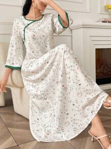 Al Najma 女式优雅长款碎花喇叭袖朴素连衣裙，春夏家居服休闲 Jalabiya 朴素连衣裙 - 彩色 - 查看 8