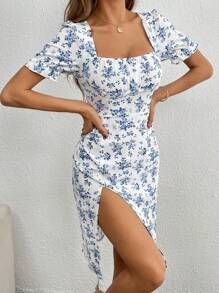 SHEIN Clasi 女士方領褶皺泡泡袖氣球裙擠腰高衩中長裙 - 藍色 - 查看 4