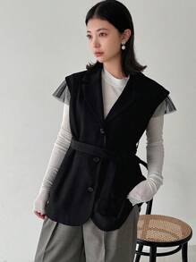 FRIFUL Women's Summer Casual Solid Color Mesh Spliced Suit Jacket Women Blazers - Black - View 7