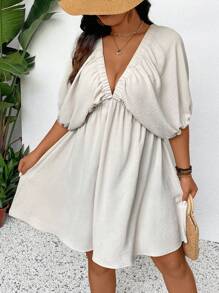 SHEIN Frenchy Thoải mái Tay Phồng Dài Trung Bình Chữ A Plus Kích Thước Kỳ Nghỉ Thường Ngày Đầm Ngắn Váy Mùa Hè Nữ - Màu be - Xem 5
