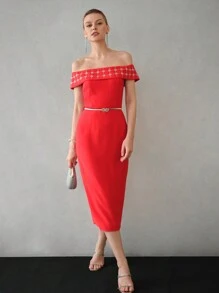 MOTF PREMIUM RHINESTONE FOLDOVER OFF SHOULDER BODYCON DRESS
