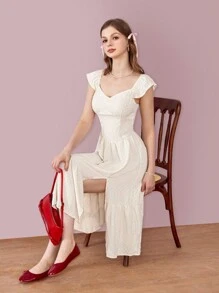 SHEIN Unity Cap Sleeve Slit Hem Patchwork Dress With Flutter Sleeves - Beige - View 6