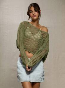 MUSERA Beach Vacation Stone Open Knit Asymmetrical Neck Jumper Spring Summer 90's Festival - Army Green - View 1