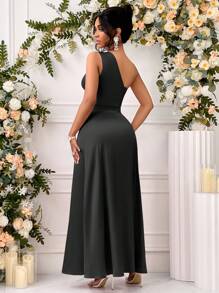 SHEIN Belle One Shoulder Split Thigh Ruffle Hem Satin Party Dress Prom Dress Cocktail Party Bridesmaid Wedding Season Elegant Semi Formal Wedding Guest Dress, For Birthday, Graduation, Dinner, Homecoming