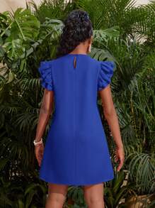 SHEIN SLAYR KIDS Teen Girl Woven Loose A-Line Doll Dress, Cap Sleeve Off-Shoulder Ruffle Hem Casual Summer Holiday Outfit Holiday Outfits - Royal Blue - View 2
