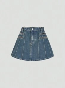 SHEIN Explorewe Vintage Style Washed Blue Denim Skirt For Teen Girls - Medium Wash - View 1