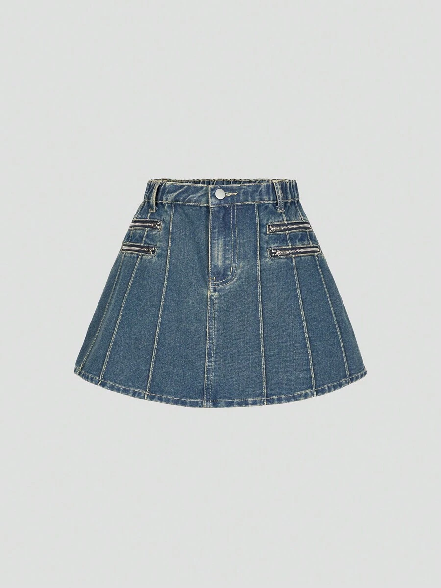 SHEIN Explorewe Vintage Style Washed Blue Denim Skirt For Teen Girls - Medium Wash - View 1