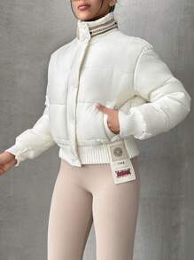EURMUSE Solid Zip Up Special Design Puffer Coat - Beige - View 5