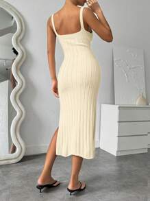 Chiquease Ladies' Solid Color Sleeveless Sweater Cami Dress With Side Slit - Apricot - View 2