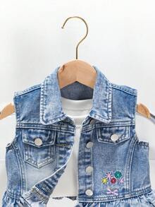 Mittelblauer Denim Weste Jacke mit niedlicher Stickerei und Strass Verzierung für Baby Mädchen - Mittele Waschung - Übersicht 3
