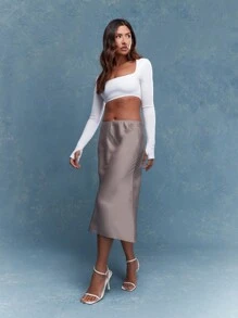 MISSGUIDED Satin Logo Low Rise Midi Skirt - Champagne - View 5