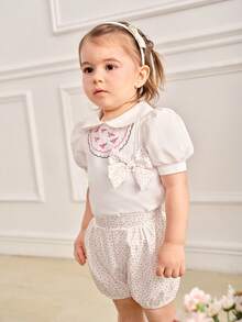 SHEIN Sommerliches Set für Baby Mädchen mit süßem Blumen besticktem Puffärmel Top und kleinen Blümchen bedruckten Shorts - Weiss - Übersicht 4