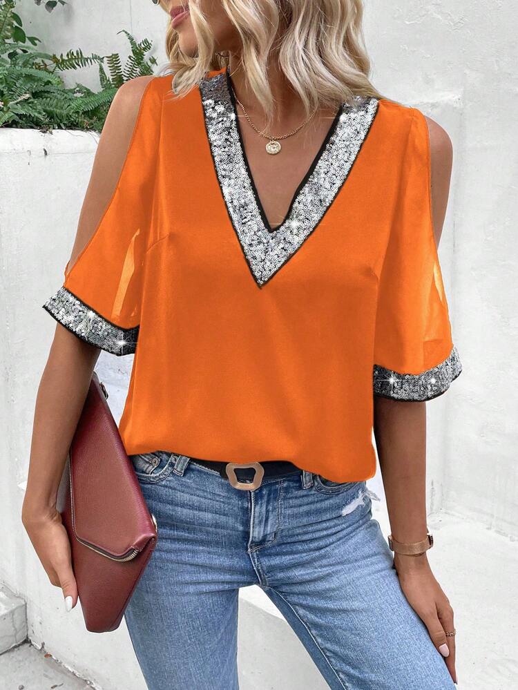 Women Fashionable V-Neck Shirt With Shoulder-Baring And Sequin Decoration