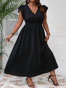 SHEIN VCAY Plus Size Solid Color V-Neck Cross Wrapped Casual Summer Vacation Dress - Black - View 5
