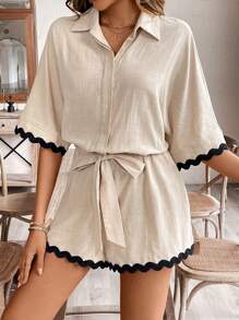 SHEIN Frenchy 女式拼色贝壳边编织腰带细节连体裤，女式休闲假日拼色波浪边连体裤，教师服装，7 月 4 日服装，商务休闲女装，7 月 4 日服装，老钱风格，音乐会女装，秋装，工作服，海滩女装，老钱风格，返校服装 - 彩色 - 查看 5