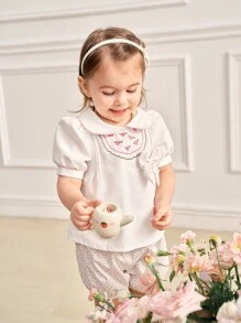 SHEIN Sommerliches Set für Baby Mädchen mit süßem Blumen besticktem Puffärmel Top und kleinen Blümchen bedruckten Shorts - Weiss - Übersicht 1
