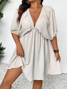 SHEIN Frenchy Thoải mái Tay Phồng Dài Trung Bình Chữ A Plus Kích Thước Kỳ Nghỉ Thường Ngày Đầm Ngắn Váy Mùa Hè Nữ - Màu be - Xem 4