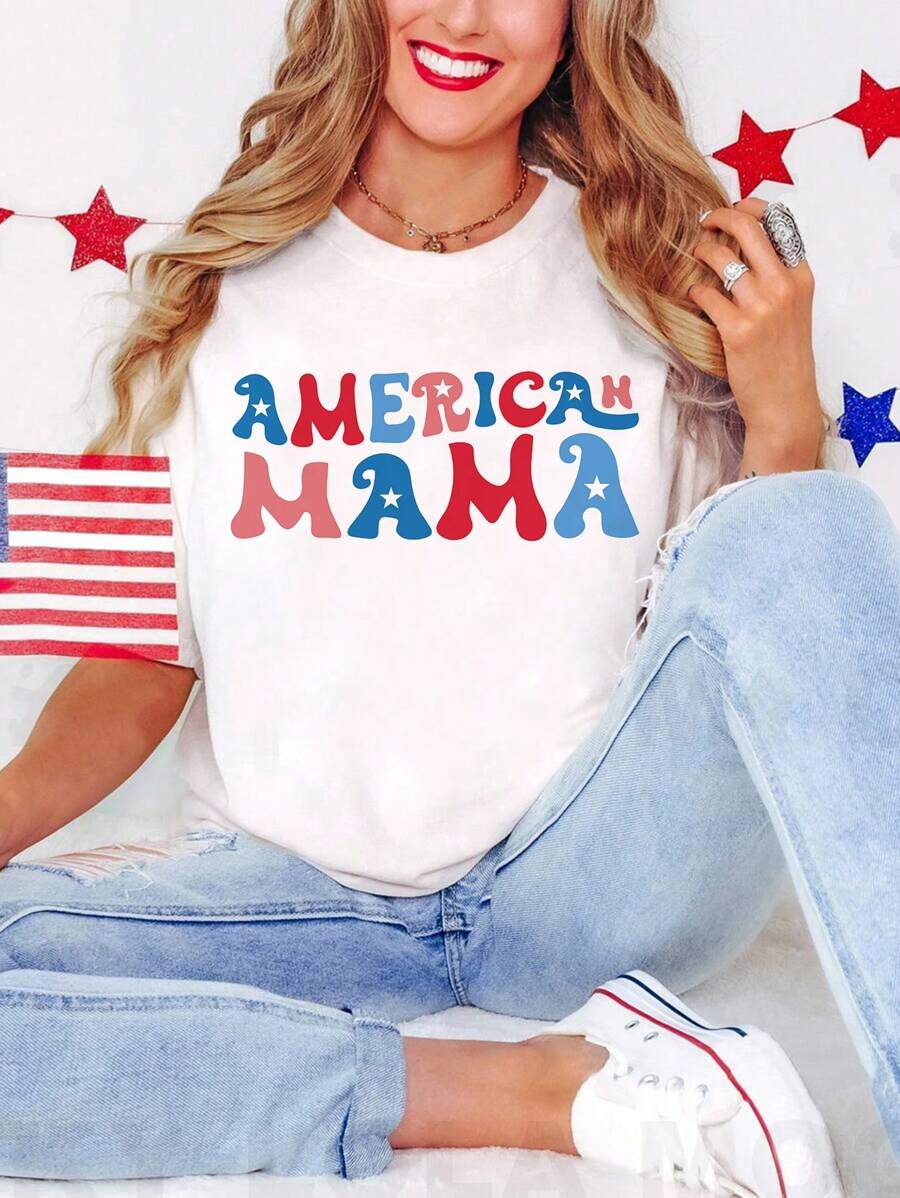 女士白色文字印花休閑時尚圓領短袖T恤，家庭外出穿搭親子裝母女裝（4件分開售賣） - 白色 - 查看 1