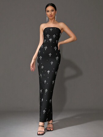 Modphy 2024 新款夏季重型镶钻性感紧身长款绷带连衣裙，露肩，正式/婚礼/晚会礼服黑色优雅长袖舞会婚礼宾客礼服，适合毕业典礼、晚宴