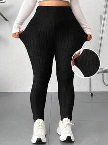 SHEIN EZwear 大码女式宽腰弹性针织紧身裤 - 黑色 - 查看 1
