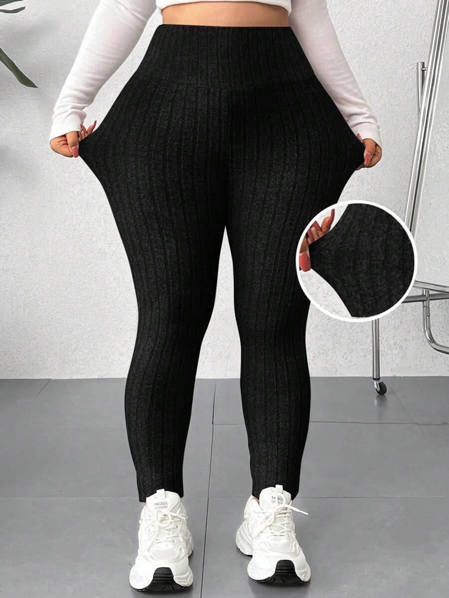 SHEIN EZwear 大码女式宽腰弹性针织紧身裤 - 黑色 - 查看 1