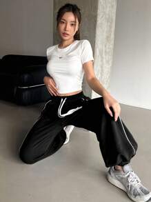 DAZY Women's Casual Color Block Drawstring Waist And Cuffed Hem Jogger Pants Fall,Winter Sweatpants - Black - View 2