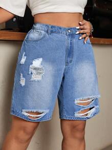 SHEIN EZwear Plus Size Distressed Fashionable Summer Denim Shorts - Blue - View 1