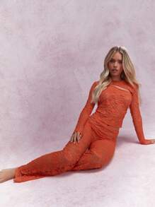 MISSGUIDED Áo ren trong suốt cắt xẻ tay dài và quần ống loe phối hợp - trái cam - Xem 5