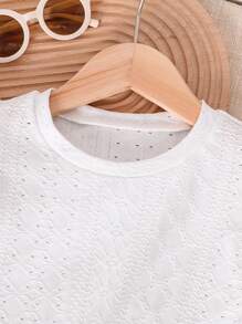 SHEIN LMoss Kids LMoss 少女针织提花盖袖上衣春夏季度假休闲圆领 - 白色 - 查看 5