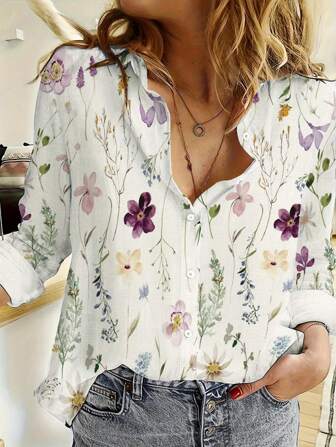 New European And American Style Printed Turn-Down Collar Casual Loose Soft Long-Sleeved Women's Shirt, Spring And Autumn,Long Sleeve Tops