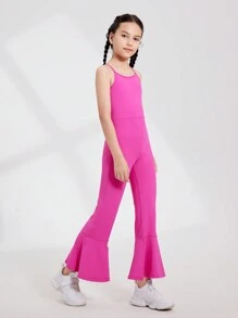 SHEIN Tween Girls' Quick-Dry Tight Jumpsuit, Breathable Casual Sports Leggings & High-Waisted Flared Pants For Fitness, Dance - Hot Pink - View 4