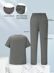 SHEIN TaskFit Plus Size Short Sleeve And Long Pants  Uniform Set, Plus Size Uniform & Scrub - Grey - View 2