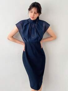 FRIFUL Đầm suông cổ đứng mùa hè phong cách đi làm cho nữ - Màu xanh lam - Xem 11