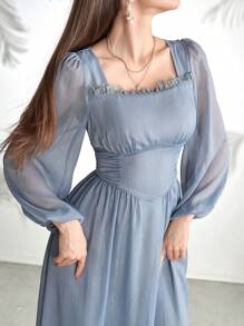 Modelyn Women's Summer Elegant Solid Color Lantern Sleeve Cinched Waist Dress - Dusty Blue - View 2