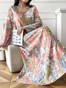 Yasmyna Robe longue modeste arabe élégante à manches longues avec imprimé floral et appliqué, décolleté en V pour femme, pour l'été