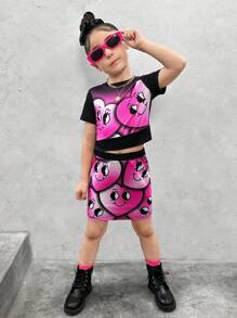 SHEIN Explorewe Girls (Little Kids) Cute Heart Pattern Print Coordination With Mini Skirt 2Pcs Set, Summer Vacation - Black - View 6