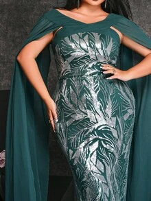 seomiscky Plus Size Sequined Puff Sleeve V-Neck Bodycon Women's Formal Evening Party Dress - Dark Green - View 6