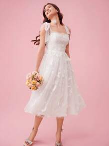 Enchnt Women Cute Princess Graduation Party Cocktail Prom Solid Color Butterfly Embroidery Mesh Split Hem Spaghetti Strap White Bow Dress, Summer Spring - White - View 6
