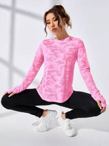 SHEIN Sport Studio Damen T-Shirt mit Tarnmuster und kreuzförmigem Rückenausschnitt und Langarm für Fitness Workout